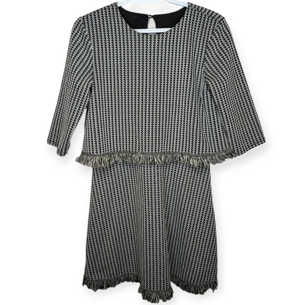 River Island Black & White Tweed Style Fringe Detailed Dress Size 8